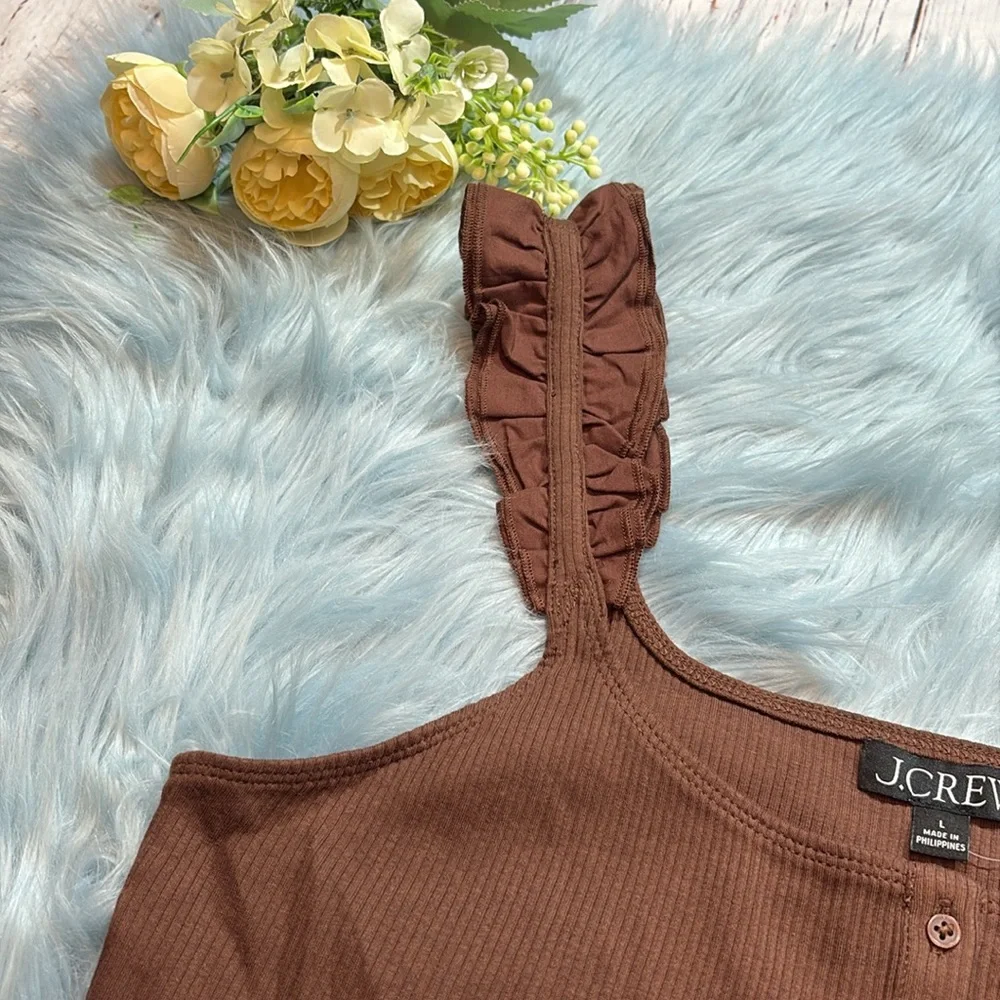 J. Crew Brown Ruffled Strap Ribbed Tank Top - Picture 2 of 9